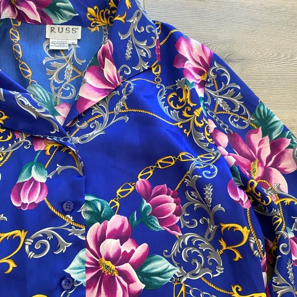 Russ Vintage 80s/90s Silky Floral Printed Long Sleeve Button Down Blouse Top - Picture 4 of 11